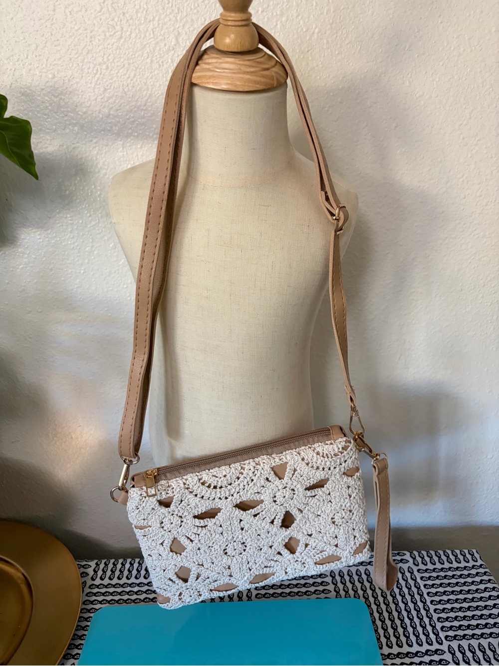 Beige Crossbody Bag with White Crochet Front. Wristlet